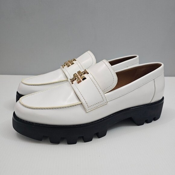 Tory Burch Everly Mini Loafer Womens 10.5 White Leather Chunky Platform Lug Sole - Picture 1 of 16